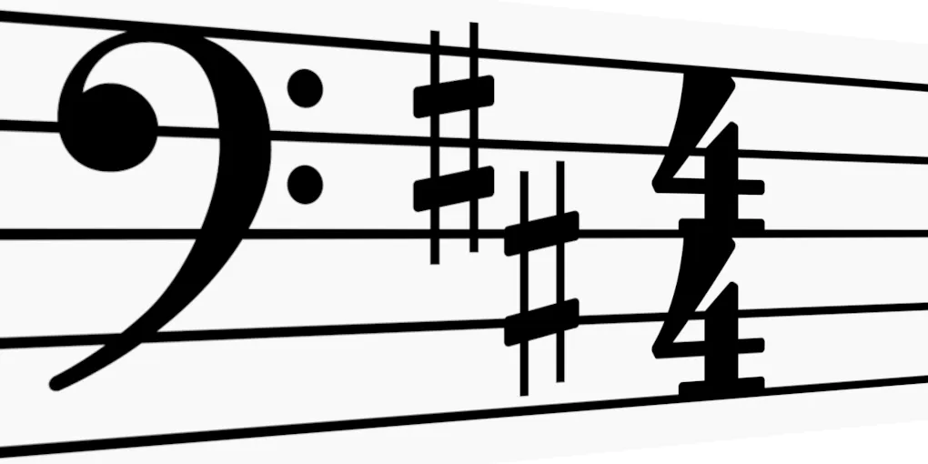 Picture of a bass clef, key signature and time signature, viewed from the left.