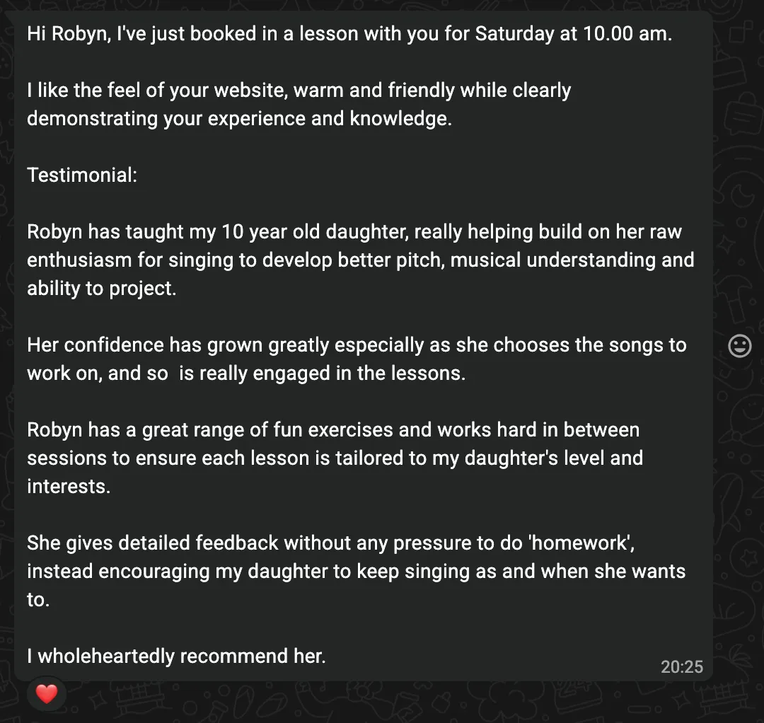 Screenshot of a WhatsApp chat including testimonial